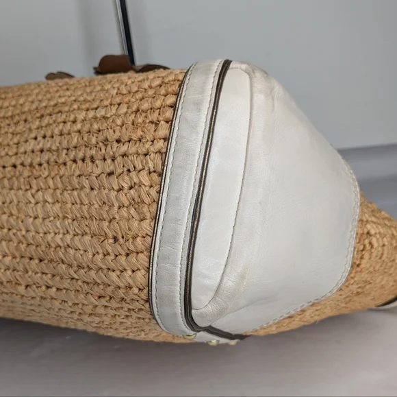 Coach Straw Tote Floral Appliqué Natalie Hampton 16763 Ivory Grey Stud Leather - Picture 12 of 16